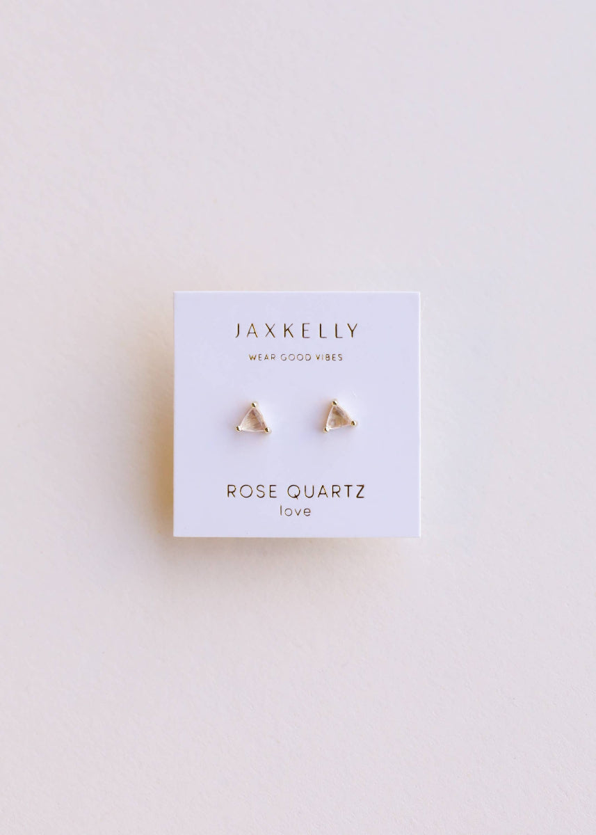 Mini Energy Gemstone Triangular Stud Earrings in Rose Quartz on branded card