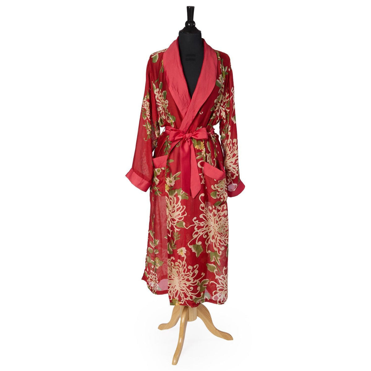 Chrysanthemum Printed Silky Duster Robe in Red on mannequin