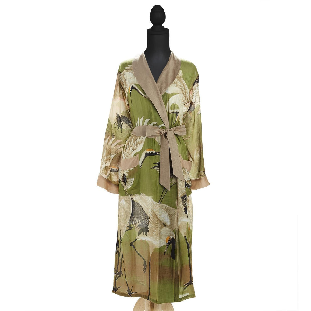 Great Heron Printed Silky Duster Robe in Green on mannequin