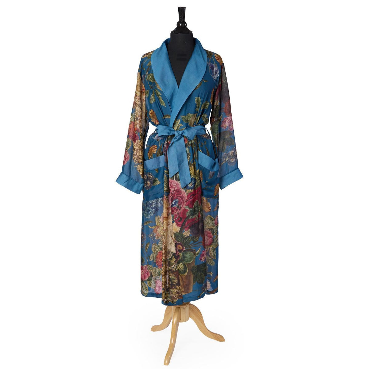 Primula Floral Print Silky Duster Robe in Teal on mannequin