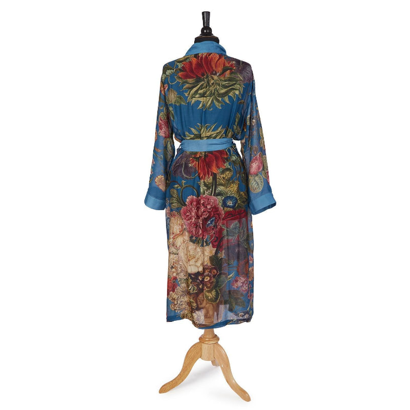 Primula Floral Print Silky Duster Robe in Teal on mannequin back view