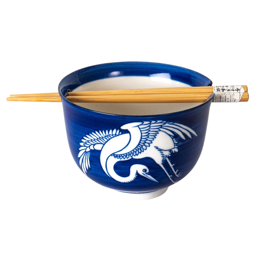 Japanese Noodle Bowl with Chopsticks Set - Crane Blue