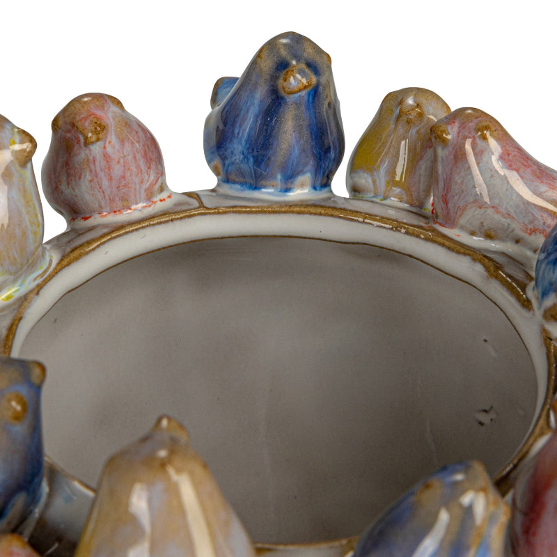 Close up of stoneware birds on rim of planter pot.