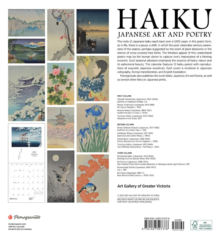 Haiku: Japanese Art and Poetry 2024 Wall Calendar Back