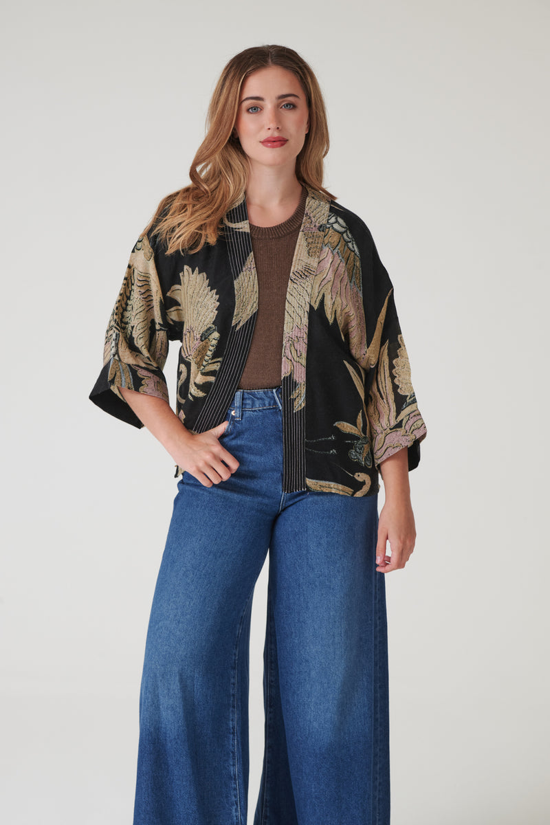 Crane Black Wool Kimono