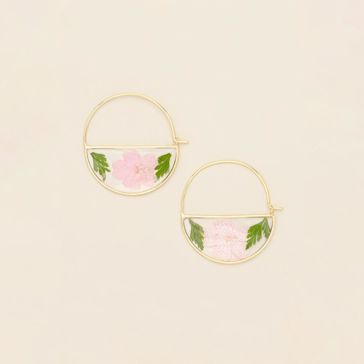 Pressed Flower Hoop Earrings - Gold - Pink Cherry Blossom