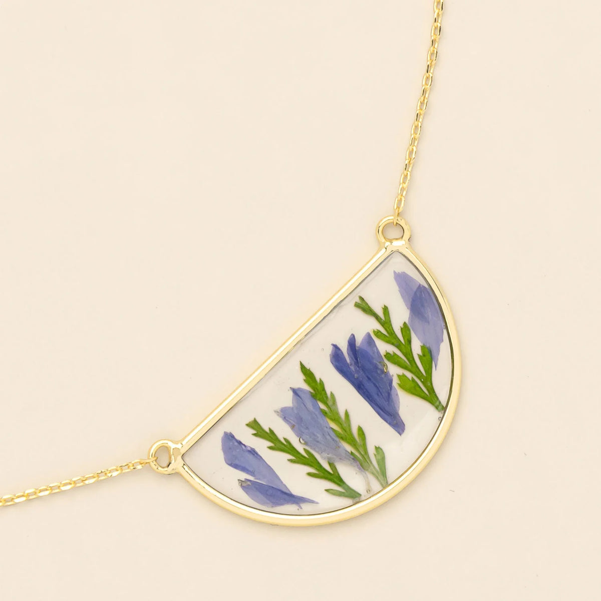 Pressed Flower Necklace - Gold - Purple Cornflower