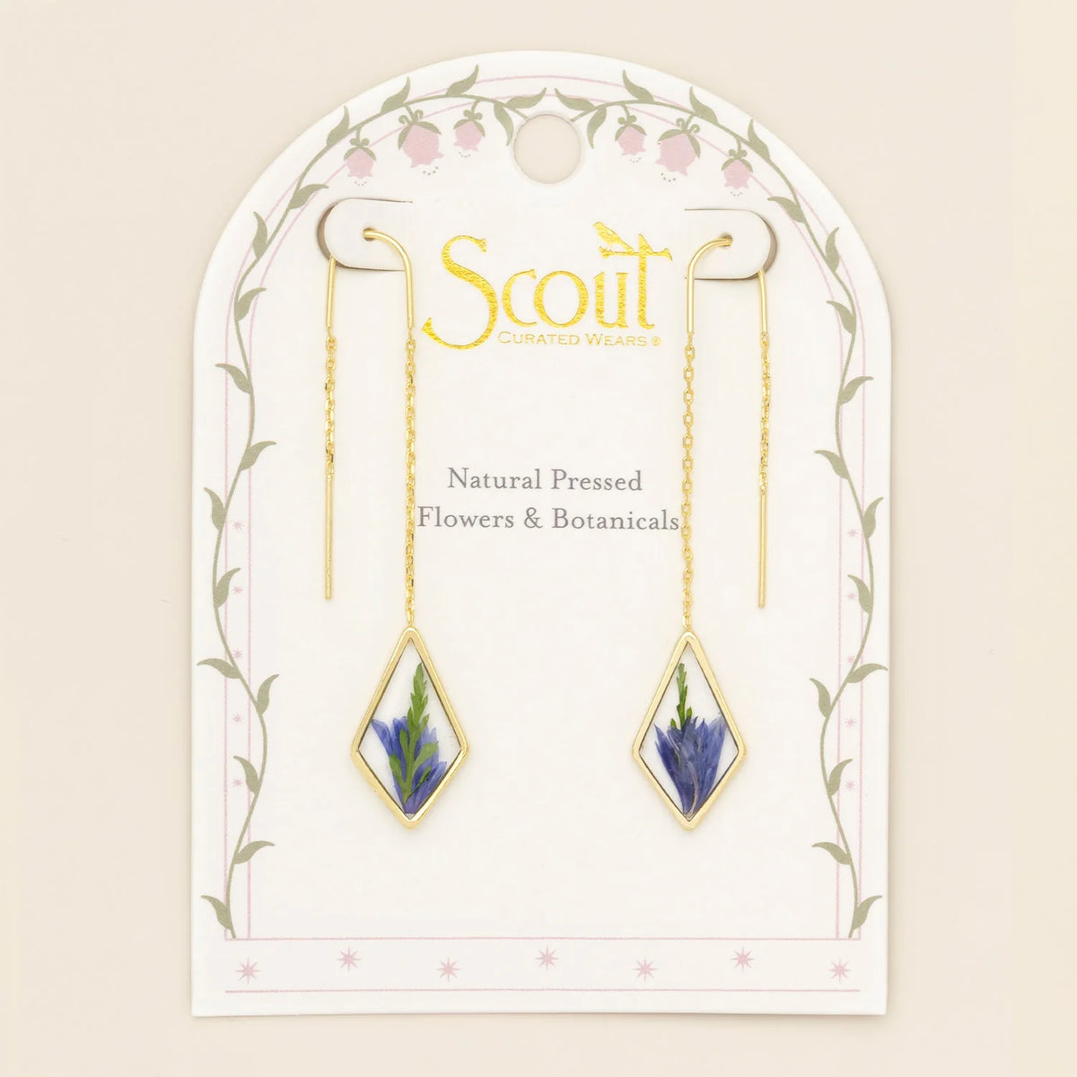 Pressed Flower Threader Earrings - Gold - Purple Cornflower
