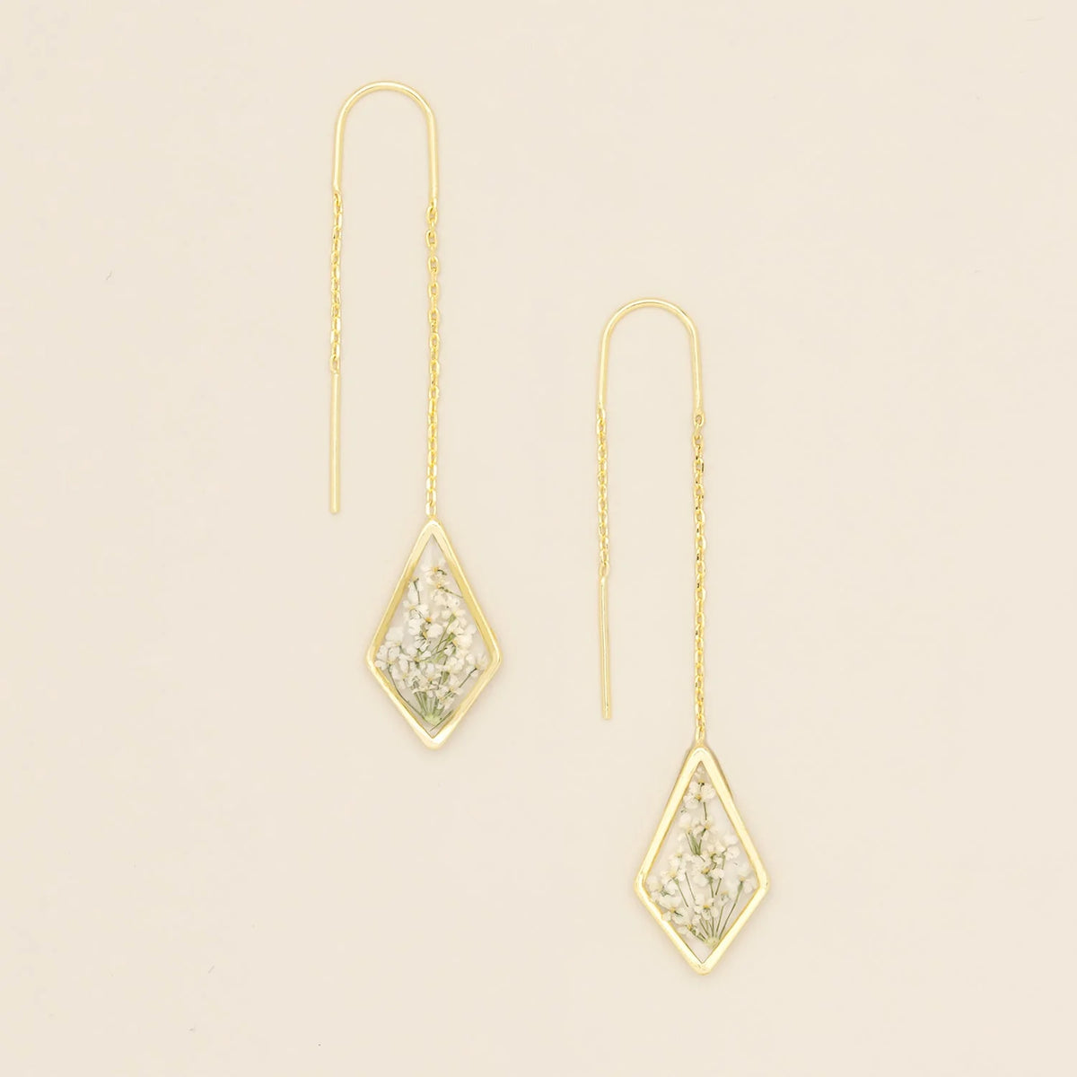 Pressed Flower Threader Earrings - Gold - White Lace Flower