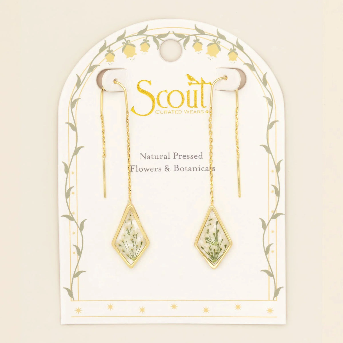 Pressed Flower Threader Earrings - Gold - White Lace Flower