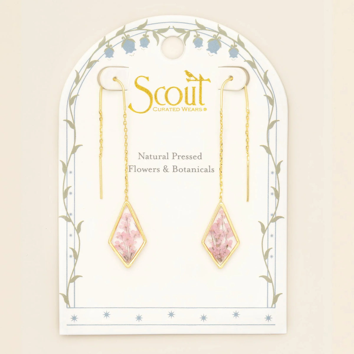 Pressed Flower Threader Earrings - Gold - Pink Lace Flower