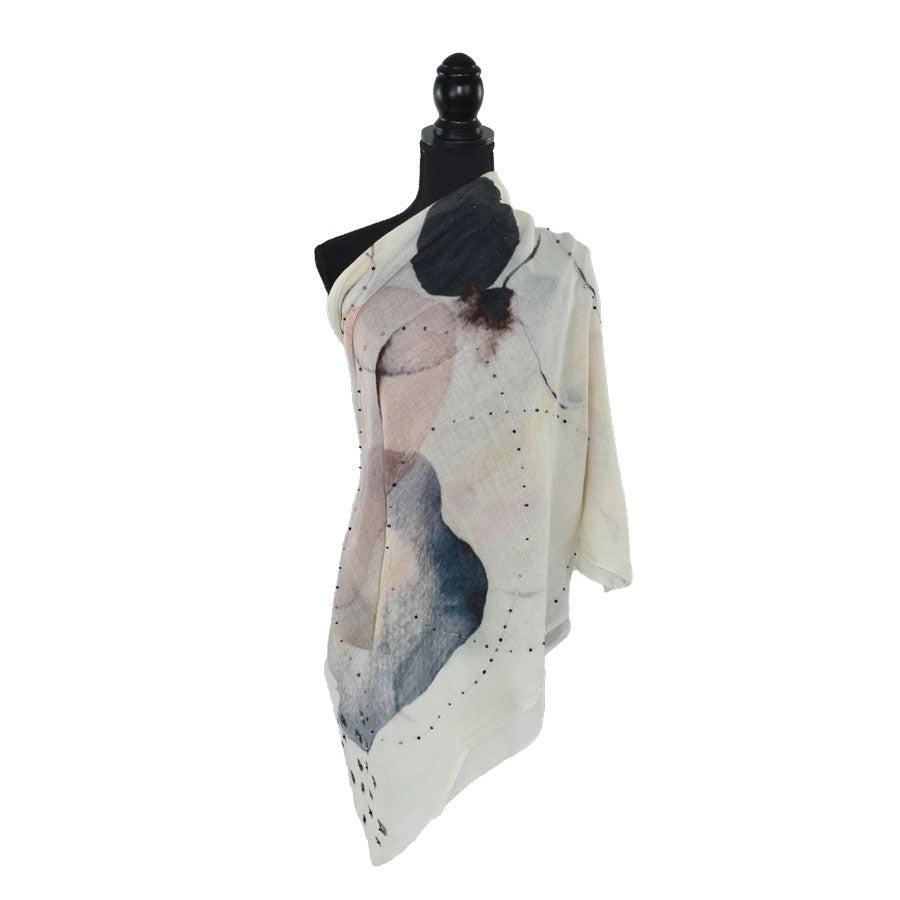 Whimsical Embroidered Lightweight Wool Scarf - Pink Modeled 2