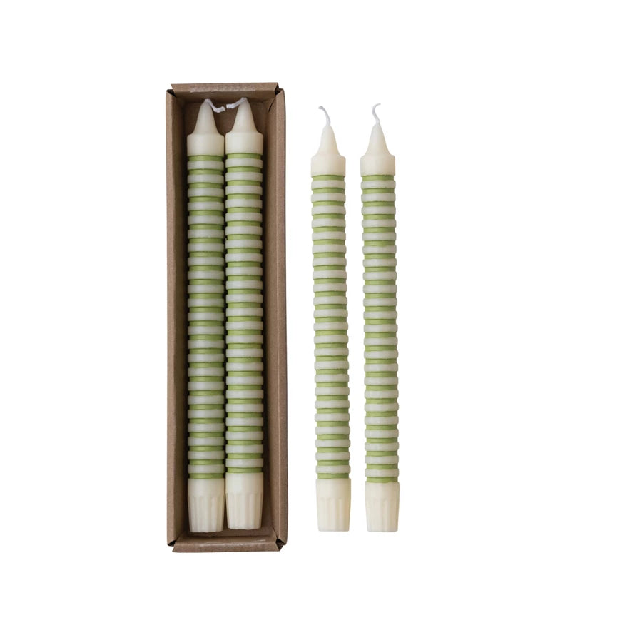 Striped Unscented Taper Candles Boxed Set of 2 - Green