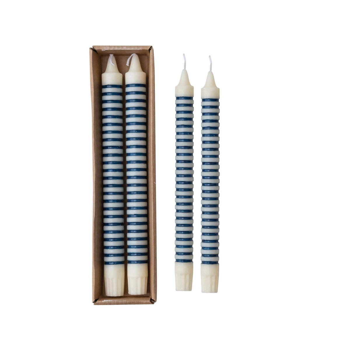 Unscented Striped Taper Candles in Box, Blue, Set of 2 (Est. Burn Time 6 Hours)