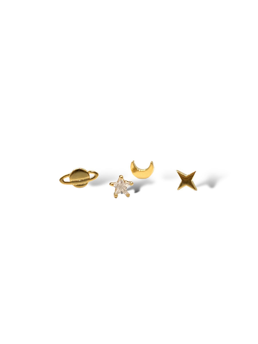 Mismatched Gold Plated Eclectic Quad Stud Earrings Set