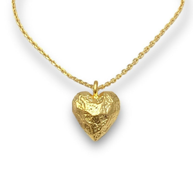Matte Gold Hammered Puffy Heart Long Pendant Necklace