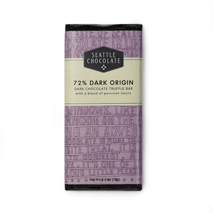 Seattle Chocolate 72% Dark Origin Dark Chocolate Truffle Bar with a blend of Peruvian beans Net Wt 2.5oz