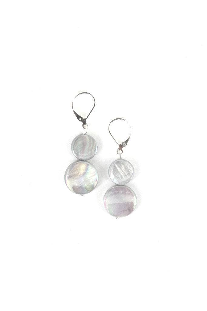 Mother of Pearl Iridescent Coin Drop Dangle Earrings - Grey