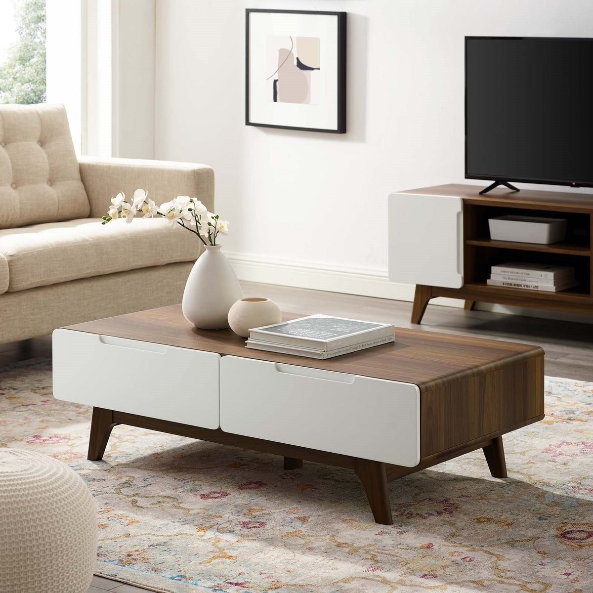 Mid Century Modern Style Coffee Table with Drawers - Walnut White