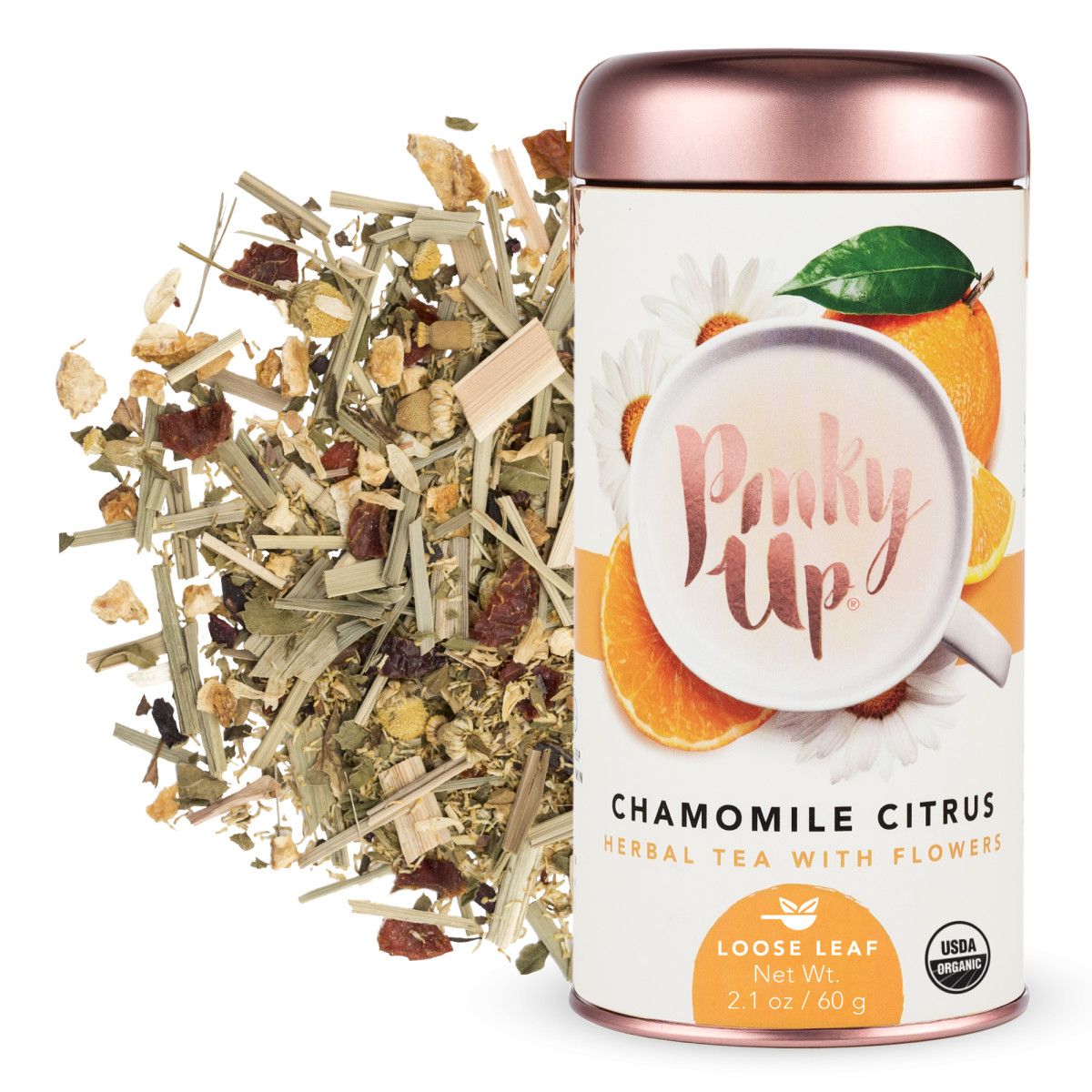Pinky Up Chamomile Citrus Herbal Tea with Flowers. Loose leaf tea tin. Net Wt. 2.1oz.