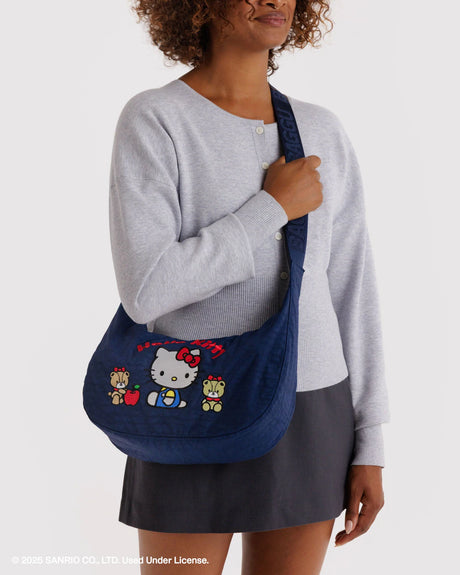 Medium Nylon Crescent Bag - Embroidered Hello Kitty & Teddy - Hello World Modern Mercantile