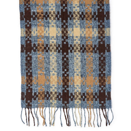 Plaid Weave Long Fringe Scarf - Blue/Brown