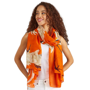 Great Heron Lightweight Printed Scarf in Tangerine Orange on Model