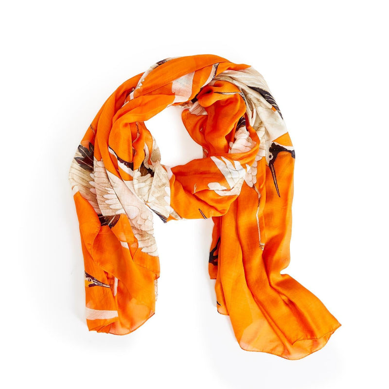 Great Heron Lightweight Printed Scarf in Tangerine Orange