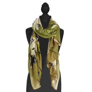 Great Heron Lightweight Printed Scarf in Green on mannequin