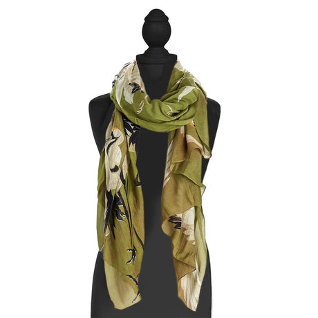Great Heron Lightweight Printed Scarf in Green on mannequin