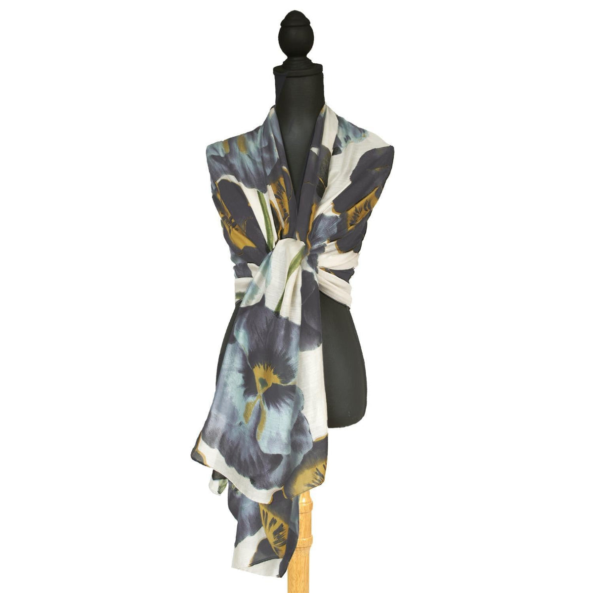 Blue Pansies Floral Lightweight Printed Scarf on mannequin
