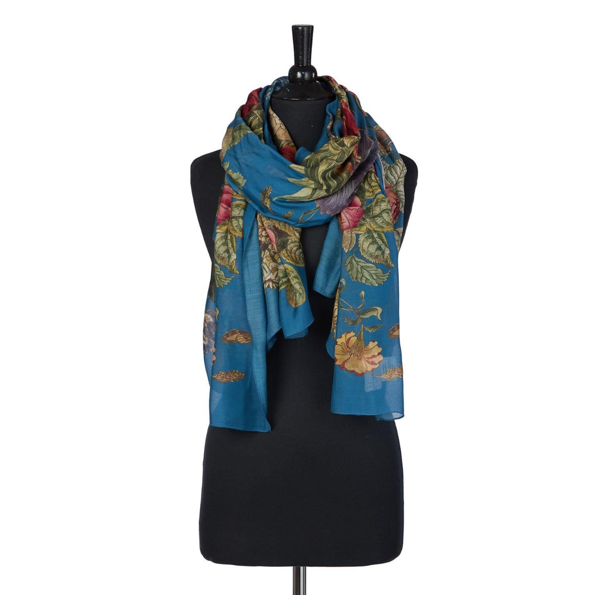 Primula Floral Print Teal Long Silky Scarf on mannequin