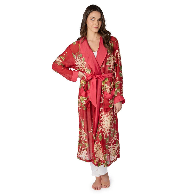 Chrysanthemum Printed Silky Duster Robe in Red on model