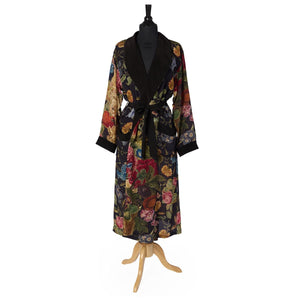 Primula Printed Silky Duster Robe in Black on mannequin