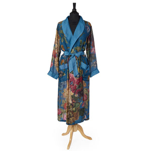 Primula Floral Print Silky Duster Robe in Teal on mannequin