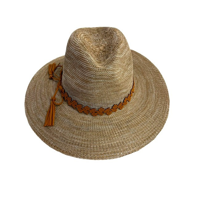 Fedora Brim Hat with Floral Cutout Trim & Tassel