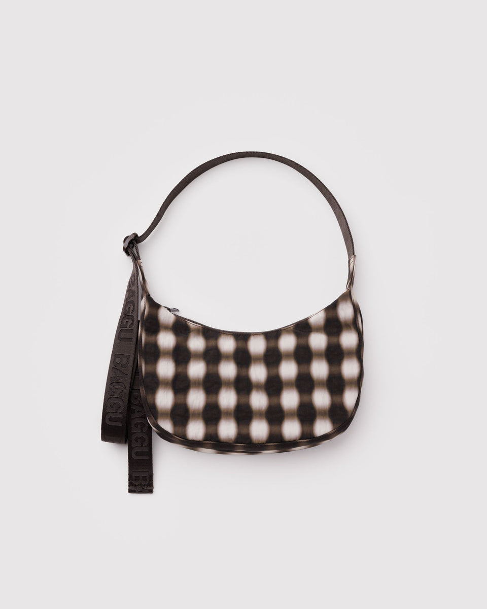 Small Nylon Crescent Bag - Blurred Gingham Brown