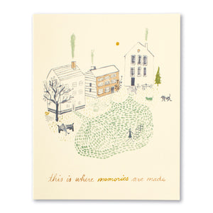 New Home Greeting Card - This is Where Memories are Made. Illustration shows three houses with smoke coming out of their chimneys. Dogs and people our outside doing different activities in the neighborhood.