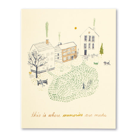New Home Greeting Card - This is Where Memories are Made. Illustration shows three houses with smoke coming out of their chimneys. Dogs and people our outside doing different activities in the neighborhood.