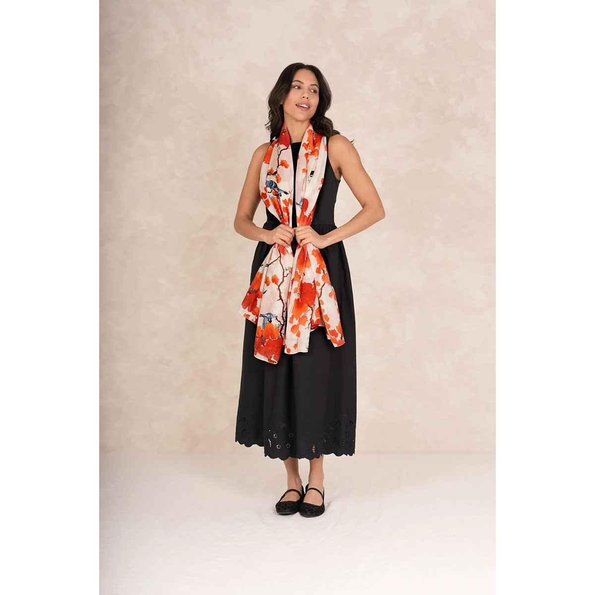 Acer Red Blossom Branch Lightweight Print Scarf Modeled