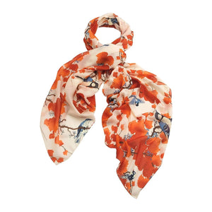 Acer Red Blossom Branch Lightweight Print Scarf Wrapped to Show Print