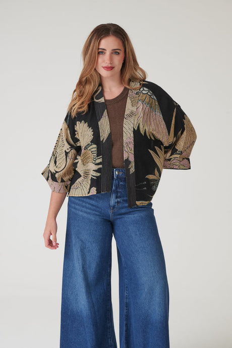Crane Black Wool Kimono