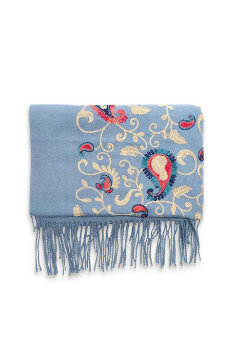 Embroidered Paisley Fringe Scarf - Blue