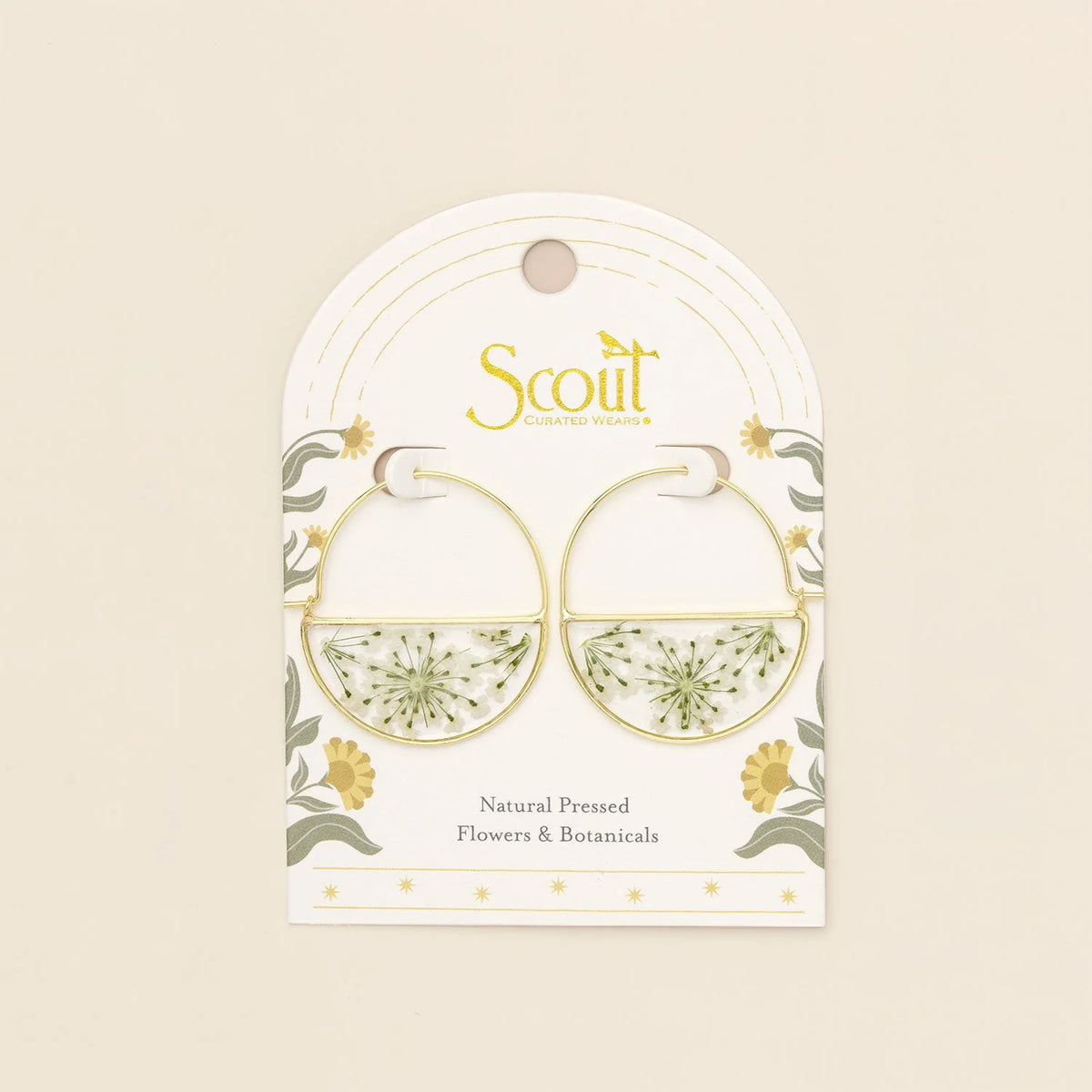 Pressed Flower Hoop Earrings - Gold - White Lace Flower