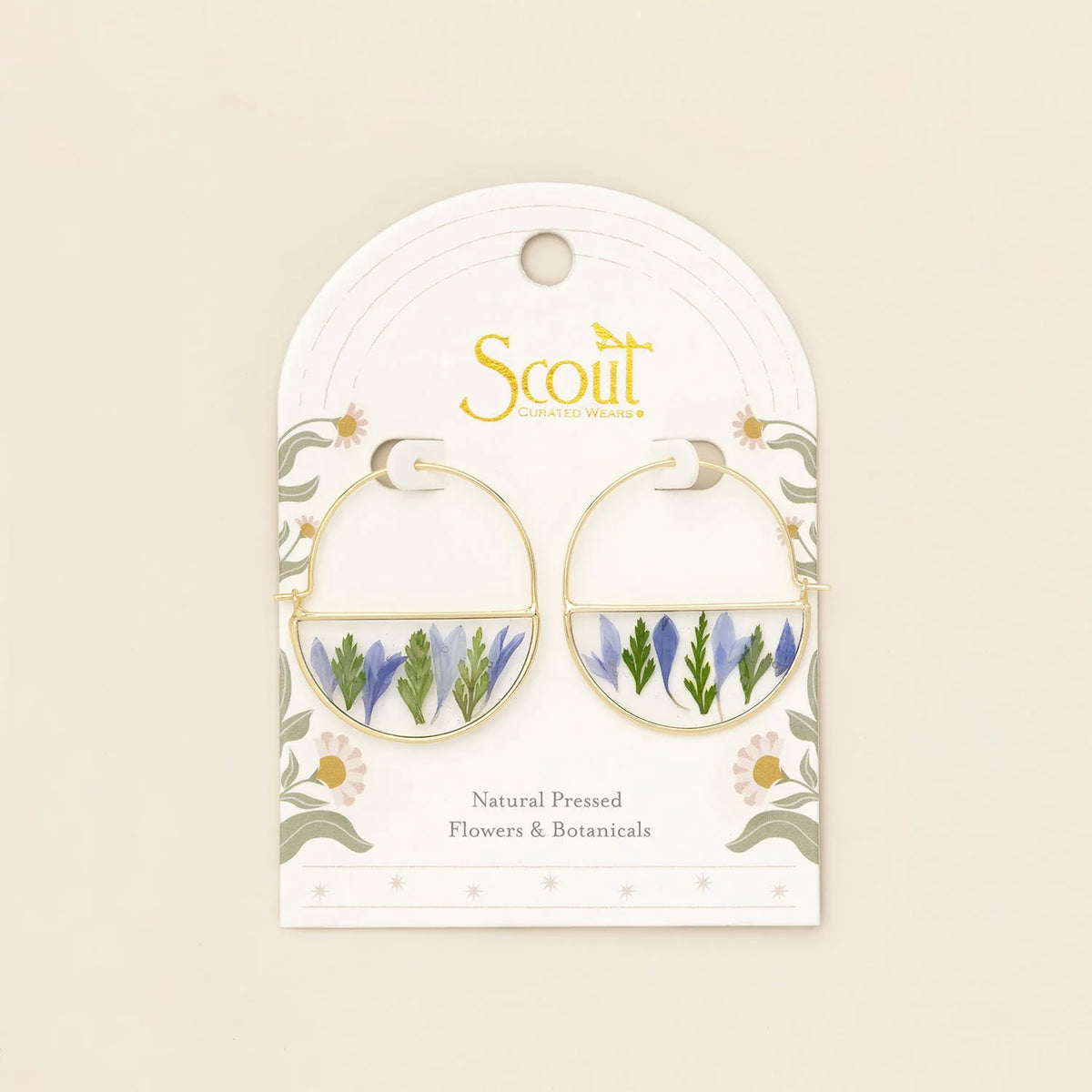 Pressed Flower Hoop Earrings - Gold - Purple Cornflower