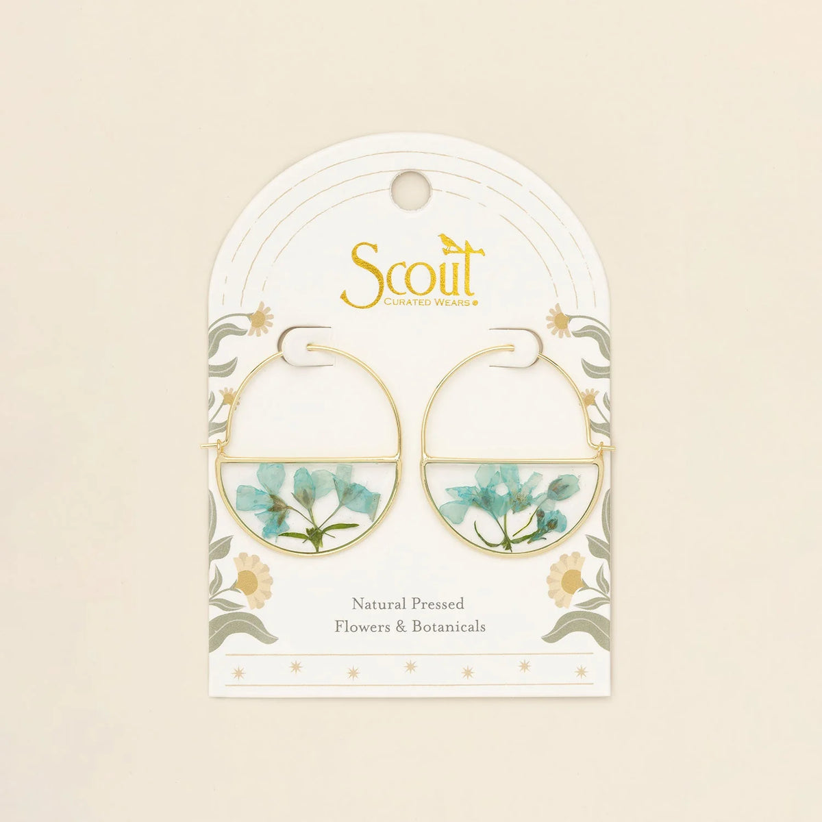 Pressed Flower Hoop Earrings - Gold - Blue Baby's Breath
