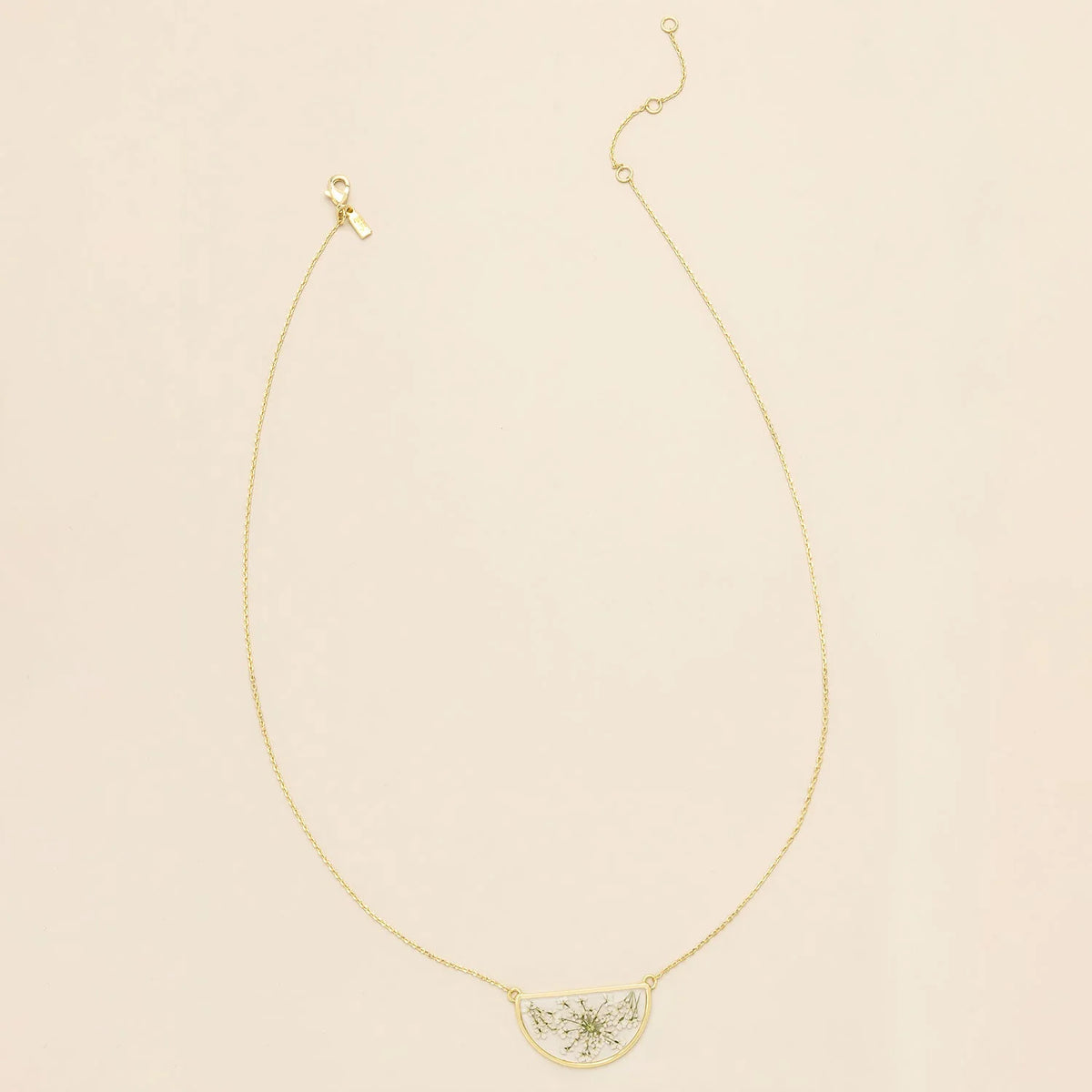 Pressed Flower Necklace - Gold - White Lace