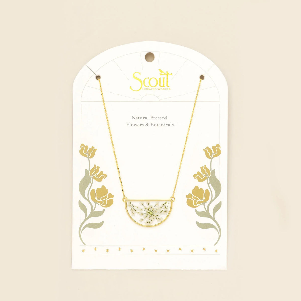 Pressed Flower Necklace - Gold - White Lace