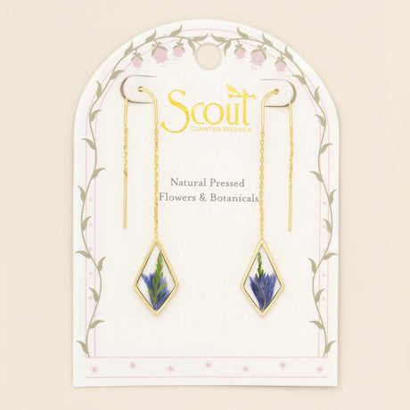 Pressed Flower Threader Earrings - Gold - Purple Cornflower