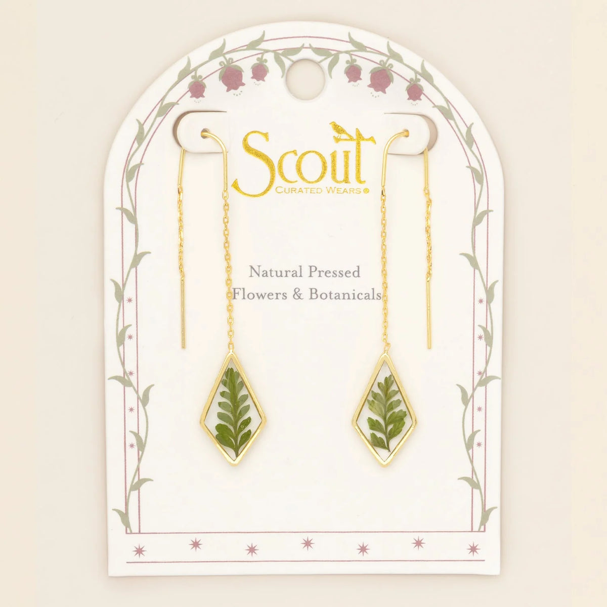 Pressed Flower Threader Earrings - Gold - Green Bracken Fern